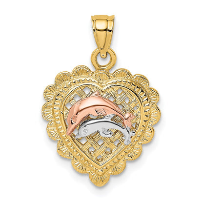 14k Two-tone Gold Two-tone Gold W/White Rhodium 2 Dolphins On Basket Heart Charm