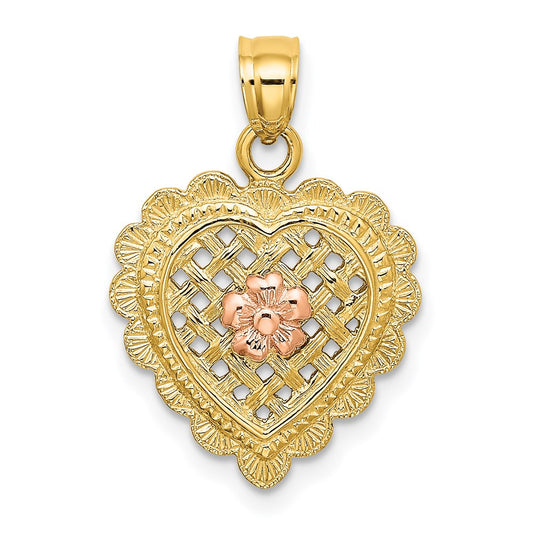 14k Two-tone Gold Yellow and Rose Gold Flower In Heart Basket Charm