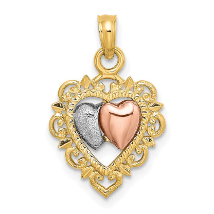 14k Two-tone Gold Yellow and Rose Gold w/White Rhodium Textured Hearts Charm