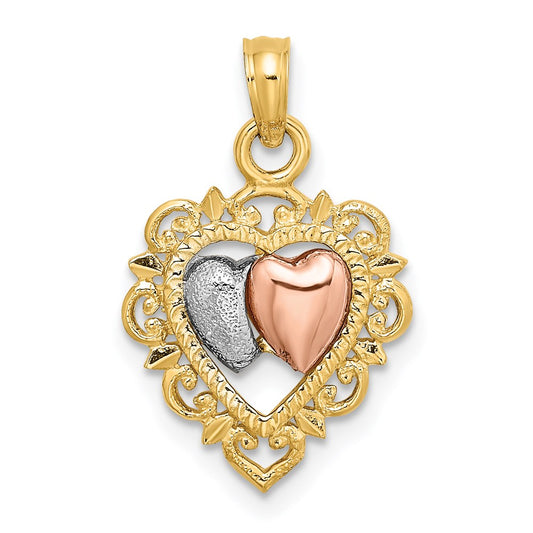 14k Two-tone Gold Yellow and Rose Gold w/White Rhodium Textured Hearts Charm