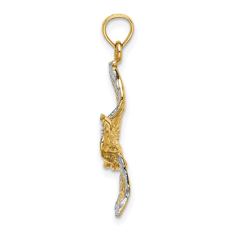 14k Yellow & Rhodium Gold with White Rhodium 3-D Flying Pelican Charm