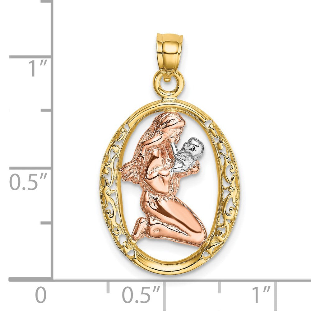 14k Two-tone Gold WIth White Rhodium Mother and Baby In Oval Frame Charm