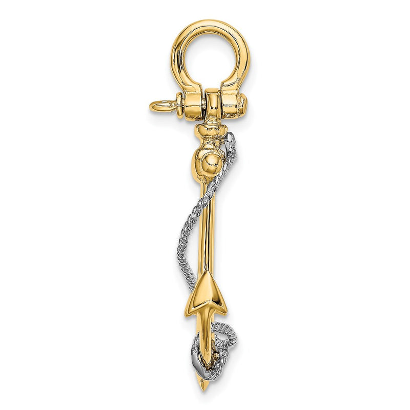 14k Two-tone Gold 3-D Anchor w/T Bar and Rope w/Shackle Bail Charm