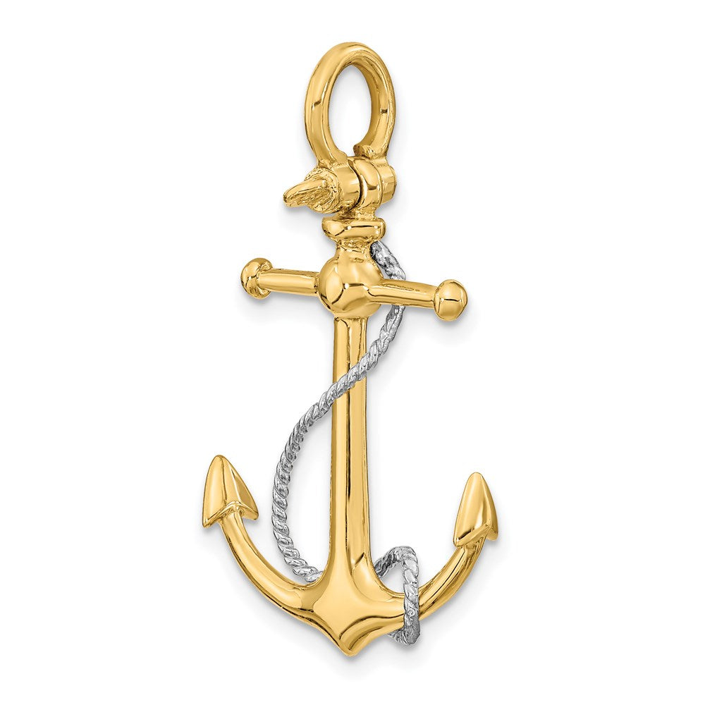 14k Two-tone Gold 3-D Anchor w/T Bar and Rope w/Shackle Bail Charm