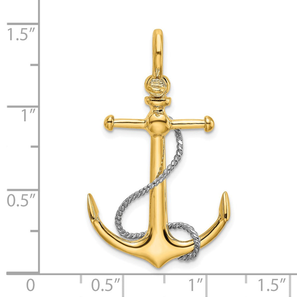 14k Two-tone Gold 3-D Anchor w/T Bar and Rope w/Shackle Bail Charm