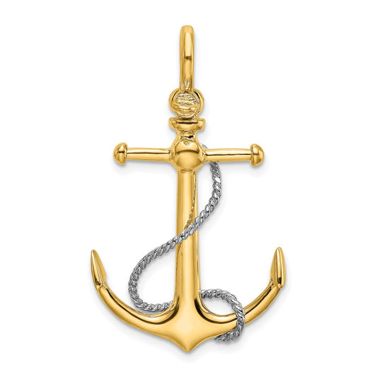 14k Two-tone Gold 3-D Anchor w/T Bar and Rope w/Shackle Bail Charm