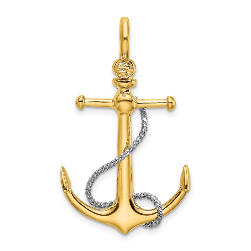 14k Two-tone Gold 3-D Anchor w/T Bar and Rope w/Shackle Bail Charm