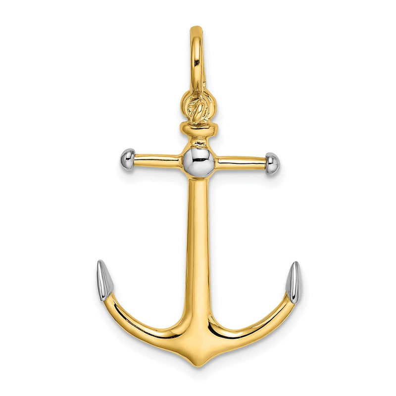 14k Yellow & Rhodium Gold w/Rhodium 3-D Anchor w/Long T Bar and Shackle Bail Charm