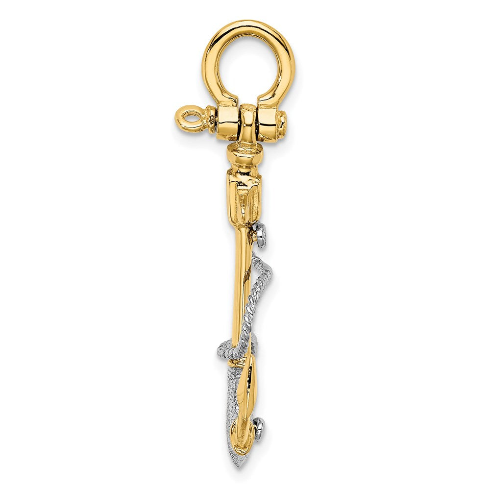 14k Two-tone Gold 3-D Textured Anchor w/Rope w/Shackle Bail Charm