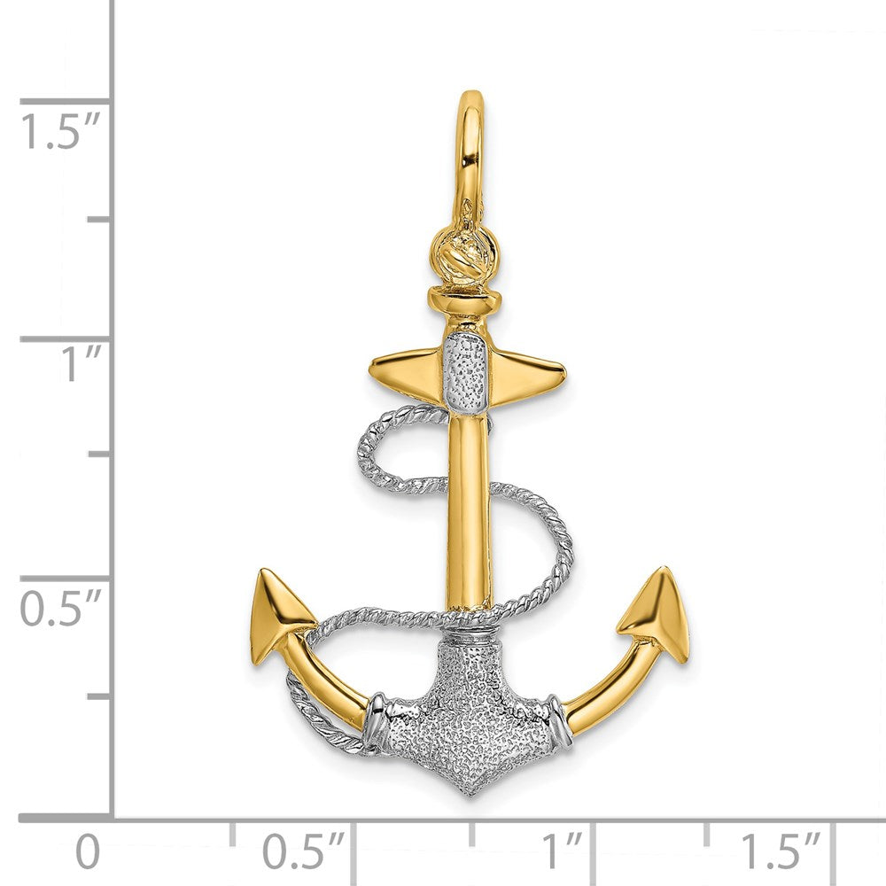 14k Two-tone Gold 3-D Textured Anchor w/Rope w/Shackle Bail Charm
