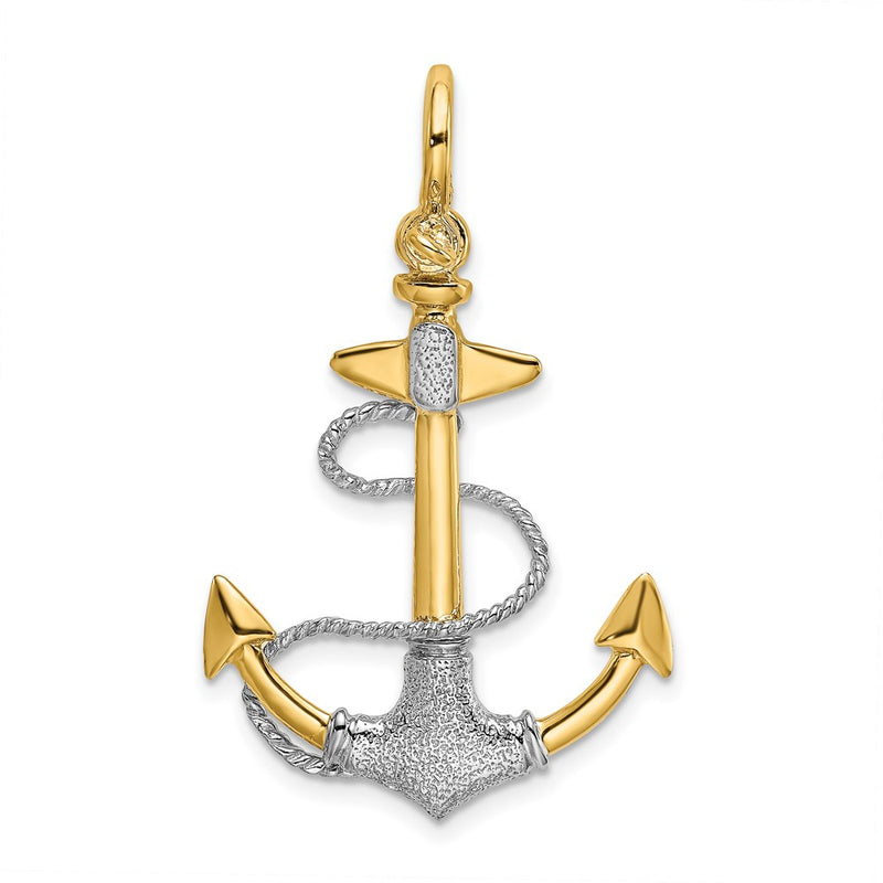 14k Two-tone Gold 3-D Textured Anchor w/Rope w/Shackle Bail Charm