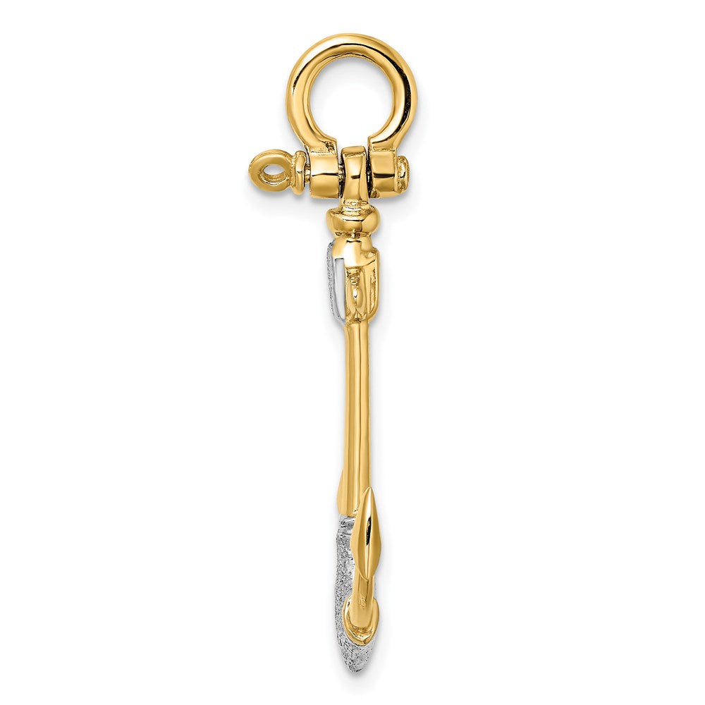 14k Yellow & Rhodium Gold w/Rhodium 3-D Textured Anchor W/ Shackle Bail Charm