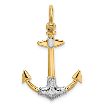 14k Yellow & Rhodium Gold w/Rhodium 3-D Textured Anchor W/ Shackle Bail Charm