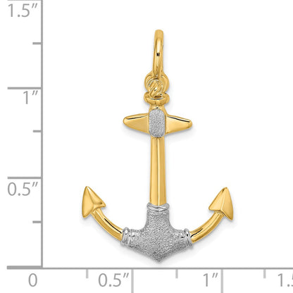 14k Yellow & Rhodium Gold w/Rhodium 3-D Textured Anchor W/ Shackle Bail Charm