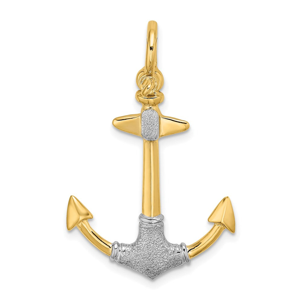 14k Yellow & Rhodium Gold w/Rhodium 3-D Textured Anchor W/ Shackle Bail Charm