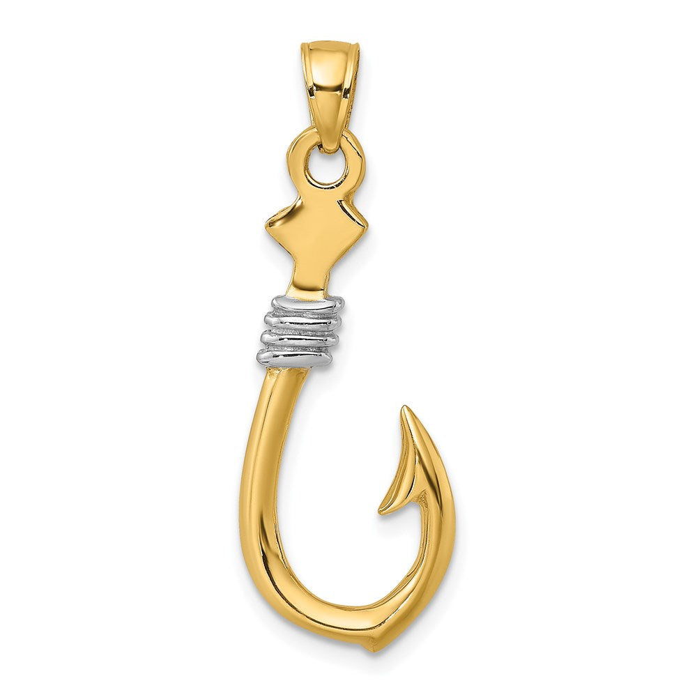 14k Yellow & Rhodium Gold w/Rhodium 3-D Fish Hook With Rope Charm