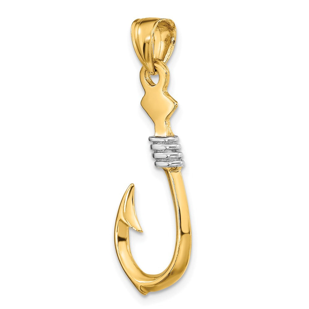14k Yellow & Rhodium Gold w/Rhodium 3-D Fish Hook With Rope Charm