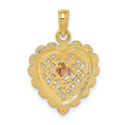 14k Two-tone Gold Rose and Yellow Gold Polished Heart On Textured Heart Charm