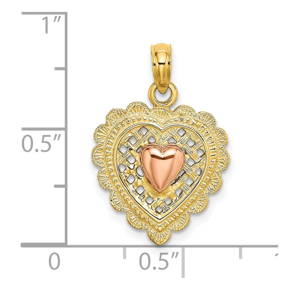 14k Two-tone Gold Rose and Yellow Gold Polished Heart On Textured Heart Charm