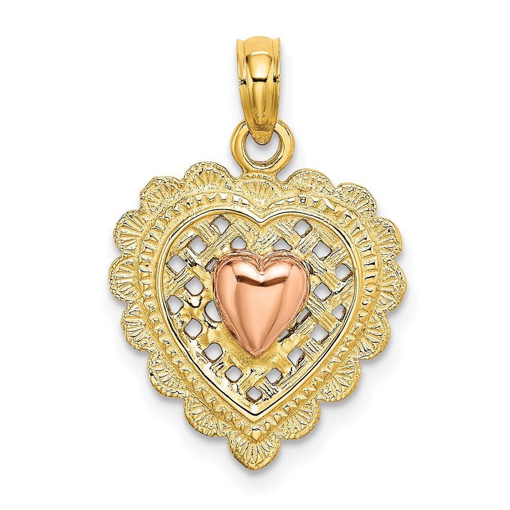 14k Two-tone Gold Rose and Yellow Gold Polished Heart On Textured Heart Charm