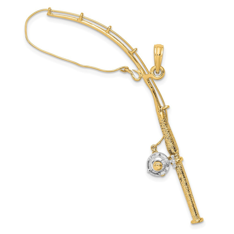 14k Yellow & Rhodium Gold w/Rhodium 3-D Moveable Fishing Pole W/ Reel Charm