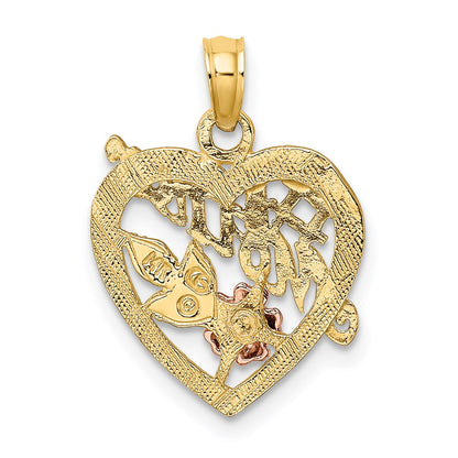 14k Two-tone Gold w/White Rhodium #1 MOTHER Heart w/Flower Charm