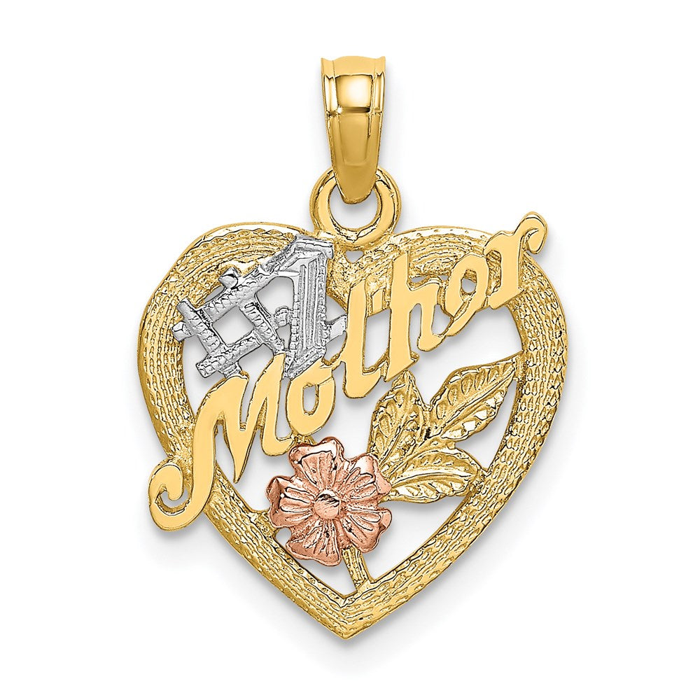 14k Two-tone Gold w/White Rhodium #1 MOTHER Heart w/Flower Charm