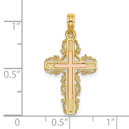 14k Two-tone Gold Two-tone Gold w/ Lace Trim Cross Charm