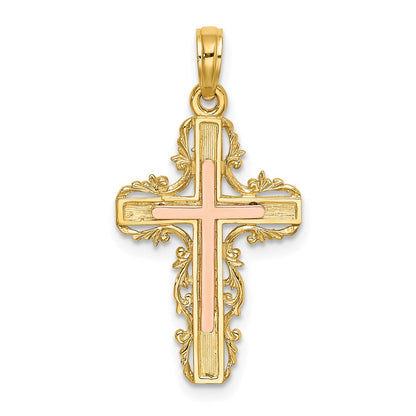 14k Two-tone Gold Two-tone Gold w/ Lace Trim Cross Charm