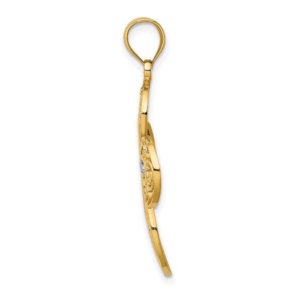 14k Yellow & Rhodium Gold W/ Rhodium D/C and Cut Out Filigree Cross Charm