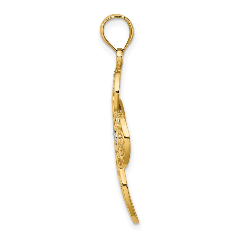 14k Yellow & Rhodium Gold W/ Rhodium D/C and Cut Out Filigree Cross Charm