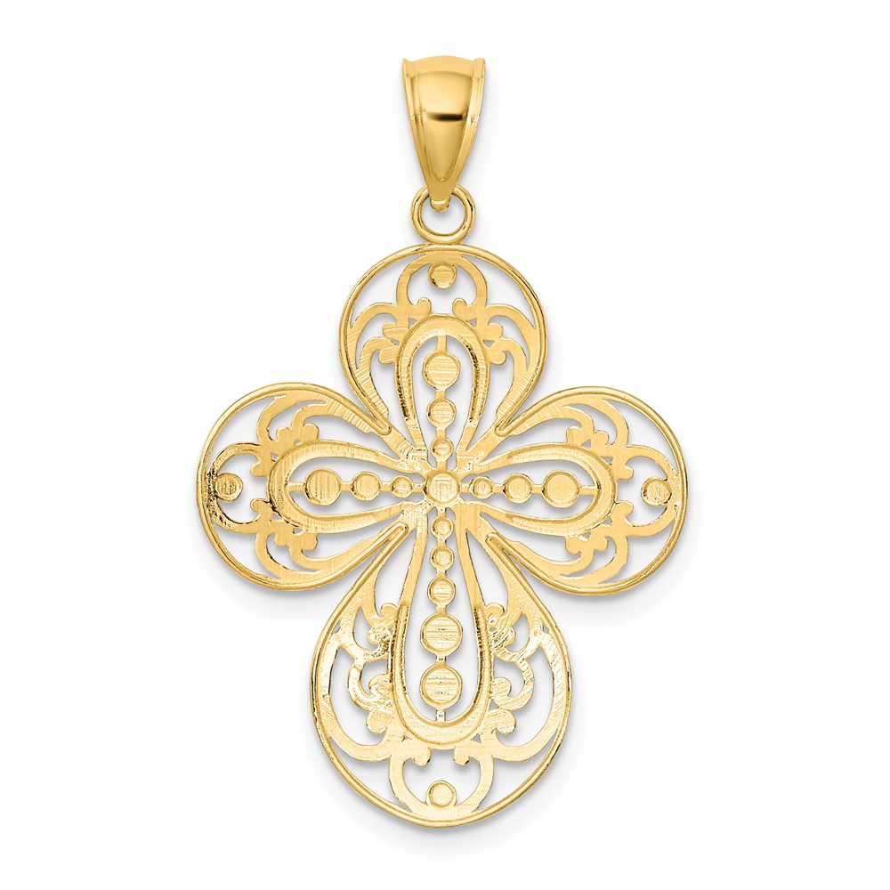 14k Yellow & Rhodium Gold W/ Rhodium D/C and Cut Out Filigree Cross Charm