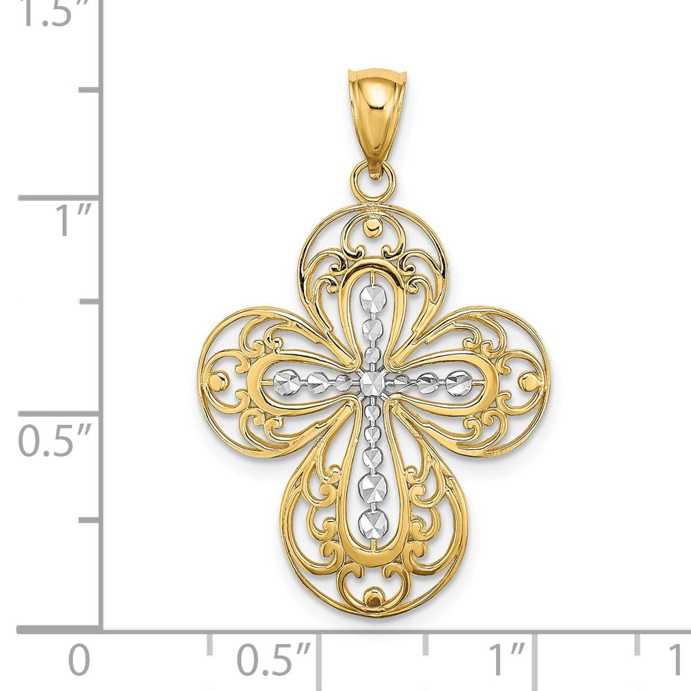 14k Yellow & Rhodium Gold W/ Rhodium D/C and Cut Out Filigree Cross Charm