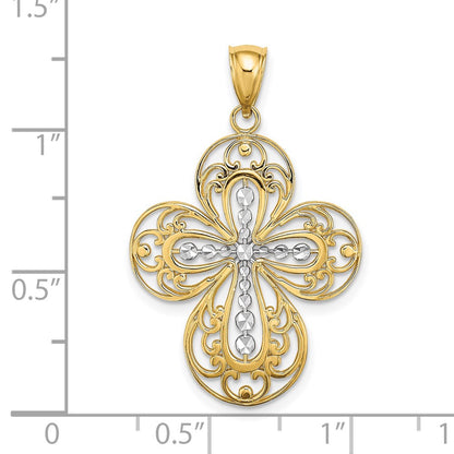 14k Yellow & Rhodium Gold W/ Rhodium D/C and Cut Out Filigree Cross Charm