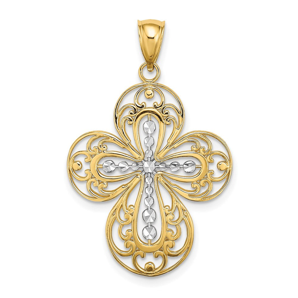 14k Yellow & Rhodium Gold W/ Rhodium D/C and Cut Out Filigree Cross Charm
