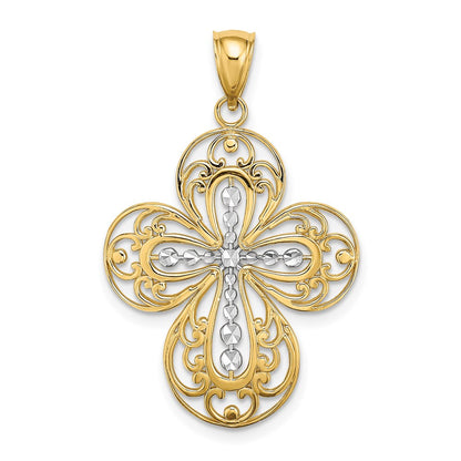 14k Yellow & Rhodium Gold W/ Rhodium D/C and Cut Out Filigree Cross Charm