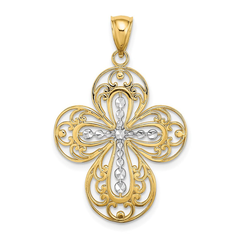 14k Yellow & Rhodium Gold W/ Rhodium D/C and Cut Out Filigree Cross Charm