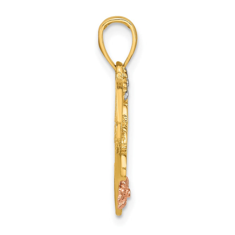 14k Two-tone Gold White Rhodium SISTER On Heart w/ Flowers Charm