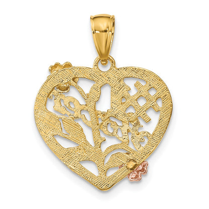 14k Two-tone Gold White Rhodium SISTER On Heart w/ Flowers Charm