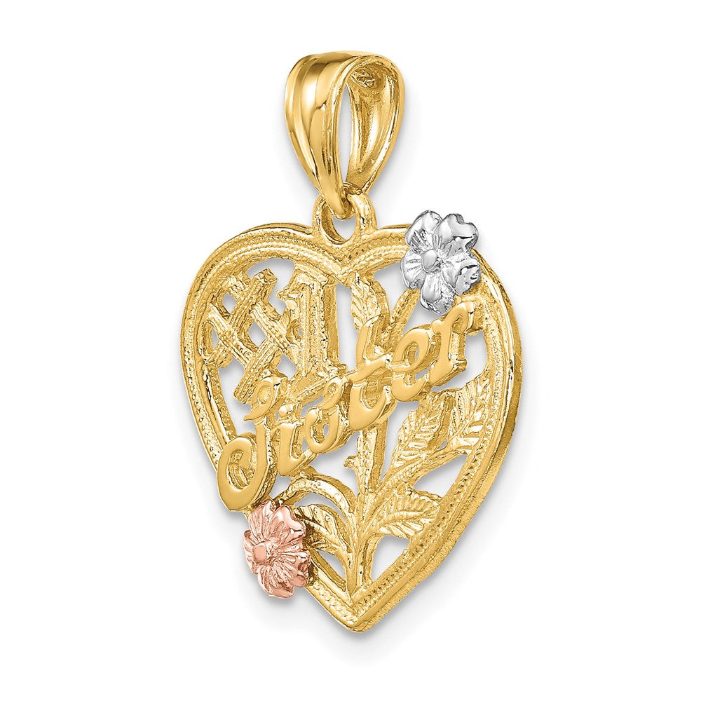14k Two-tone Gold White Rhodium SISTER On Heart w/ Flowers Charm