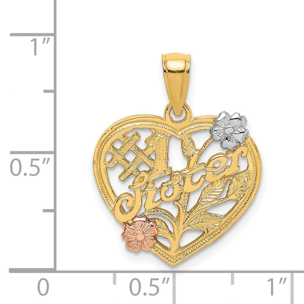 14k Two-tone Gold White Rhodium SISTER On Heart w/ Flowers Charm