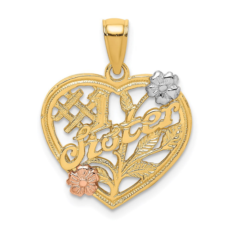 14k Two-tone Gold White Rhodium SISTER On Heart w/ Flowers Charm