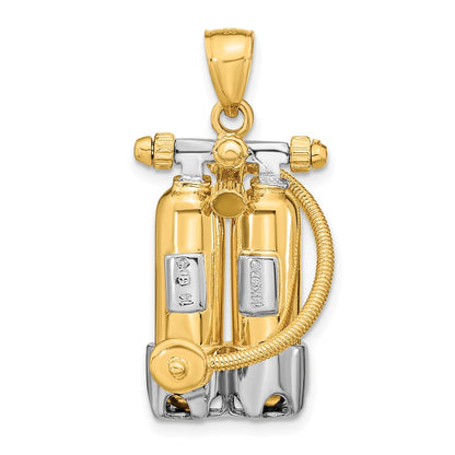 14k Yellow & Rhodium Gold w/Rhodium 3-D Double Scuba Tanks W/Air Hose Charm