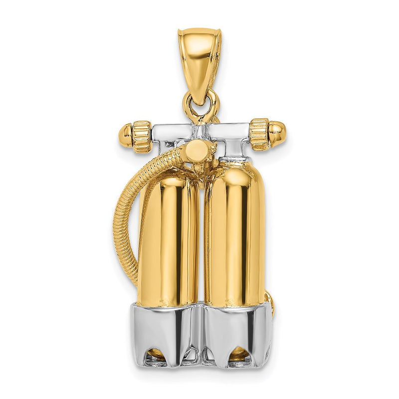 14k Yellow & Rhodium Gold w/Rhodium 3-D Double Scuba Tanks W/Air Hose Charm