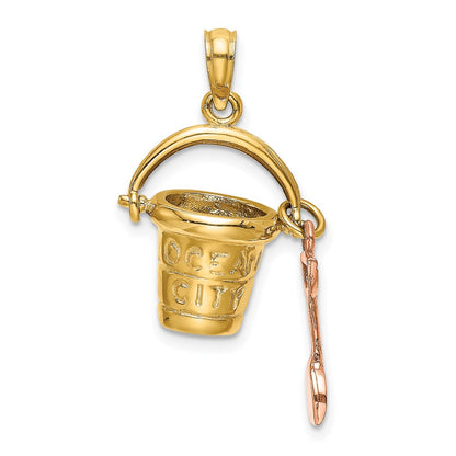14k Two-tone Gold  3D Two-tone Gold OCEAN CITY Bucket w/ Shovel Charm