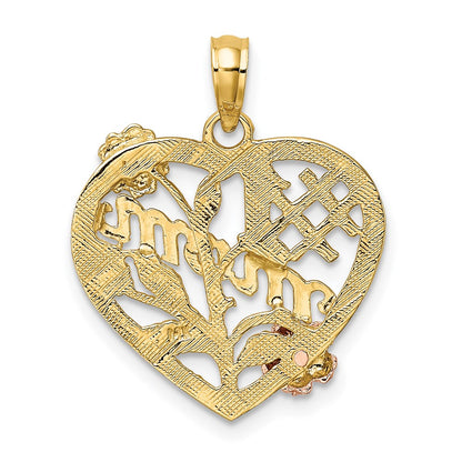 14k Two-tone Gold w/White Rhodium #1 MOM Heart w/Flower Charm