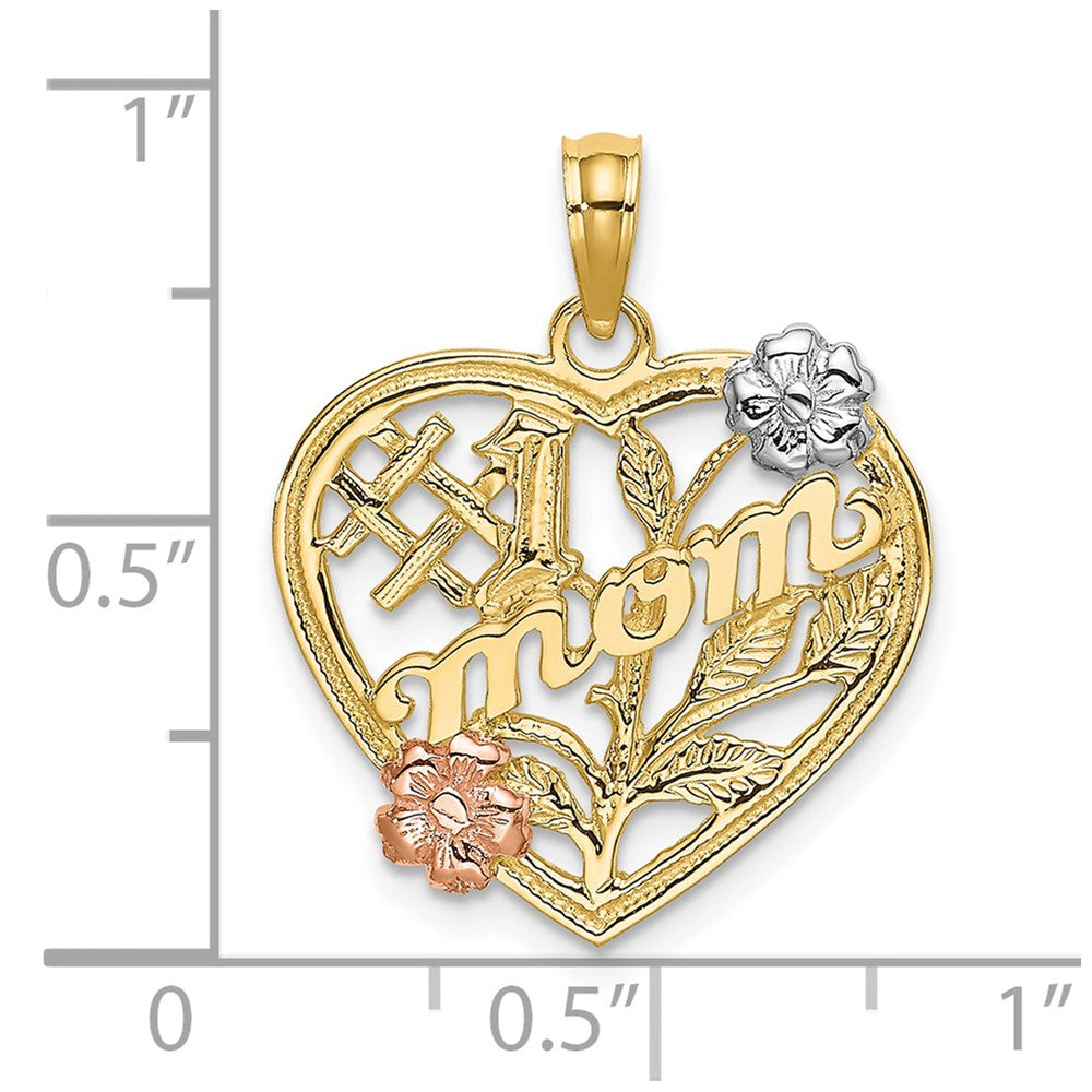 14k Two-tone Gold w/White Rhodium #1 MOM Heart w/Flower Charm