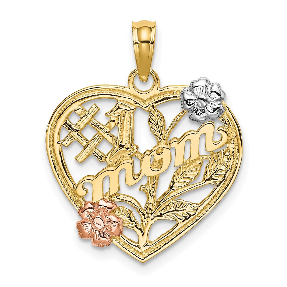 14k Two-tone Gold w/White Rhodium #1 MOM Heart w/Flower Charm
