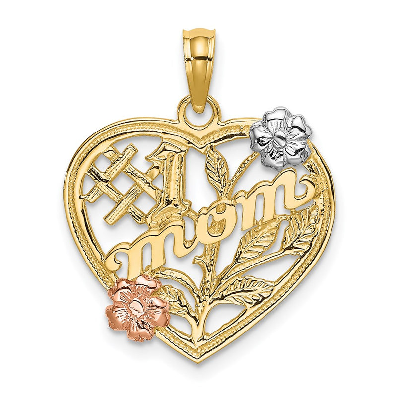 14k Two-tone Gold w/White Rhodium #1 MOM Heart w/Flower Charm