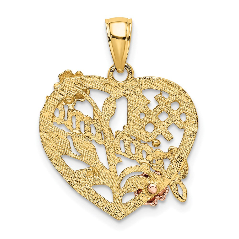 14k Two-tone Gold White Rhodium #1 GRANDMA On Heart w/ Flower Charm